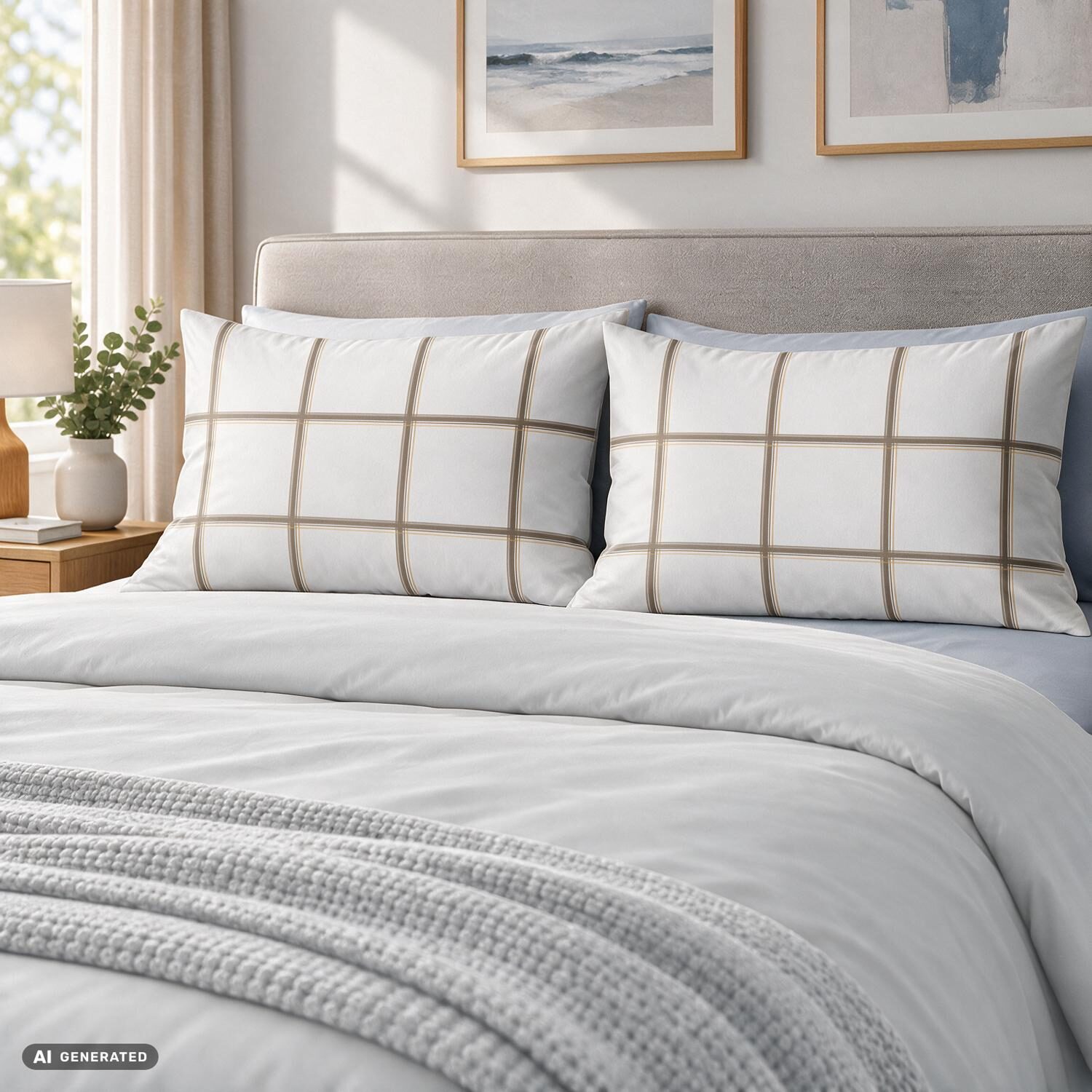 CloudComfort Basic: juego de 2 fundas de almohada de algodón a cuadros blancos, 40 x 80 cm