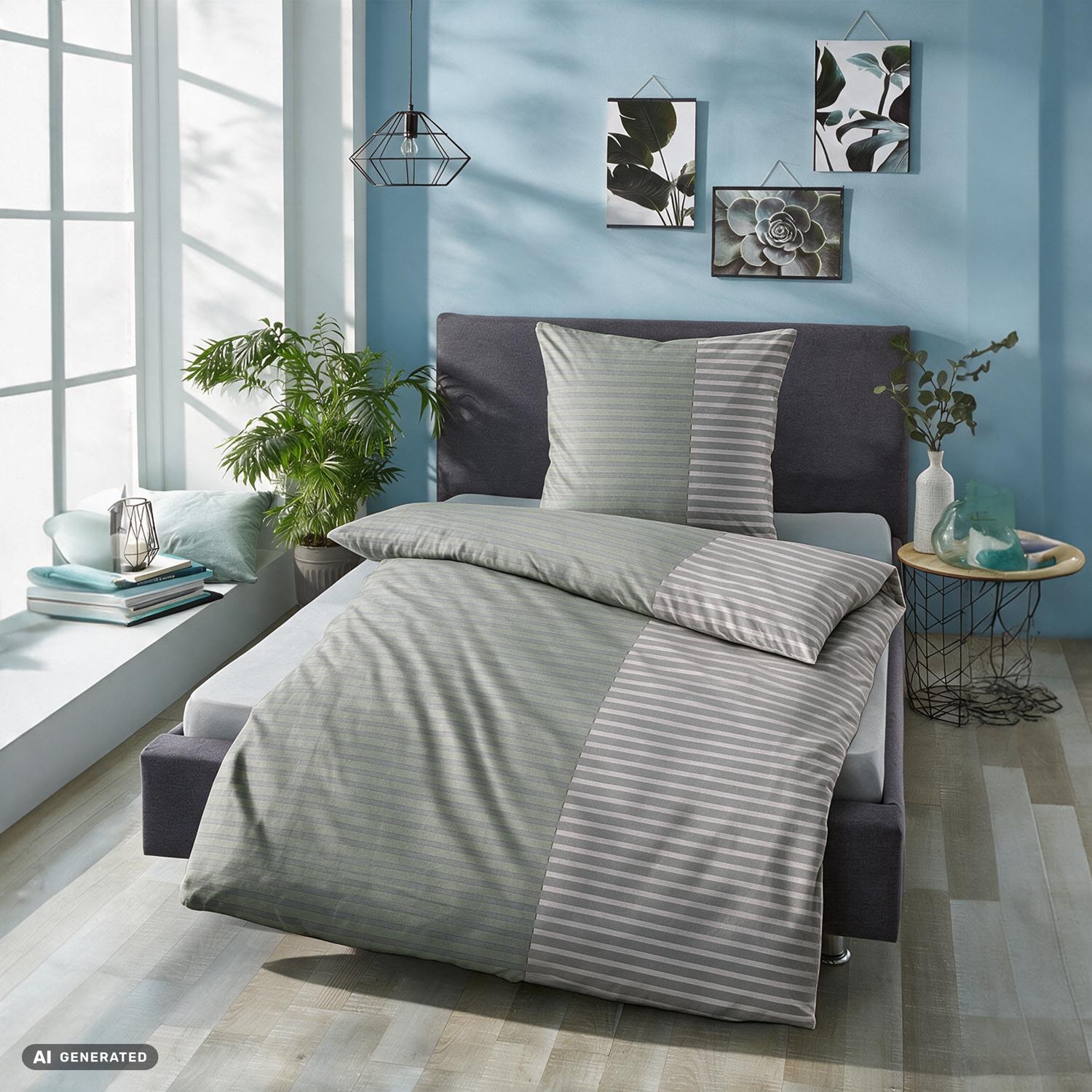 Juego de cama CloudComfort Renforcé, rayas grises y verdes, 135 x 200 + 80 x 80 cm