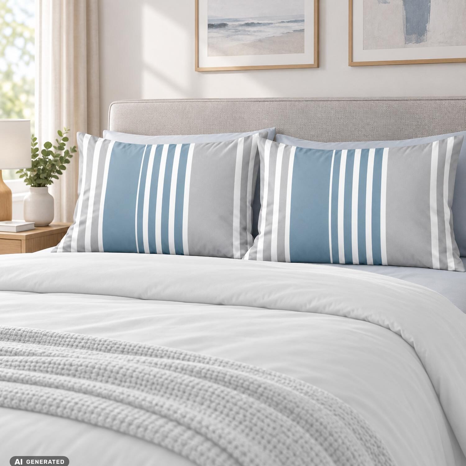 Funda de almohada de algodón CloudComfort Basic, a rayas azules y grises, juego de 2 unidades, 70 x 90 cm