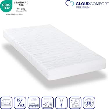 Colchón de espuma fría CloudComfort Premium 90 x 200 cm, altura 15 cm, nivel de firmeza H2/H3 + almohada viscoelástica CloudComfort 40 x 80 cm