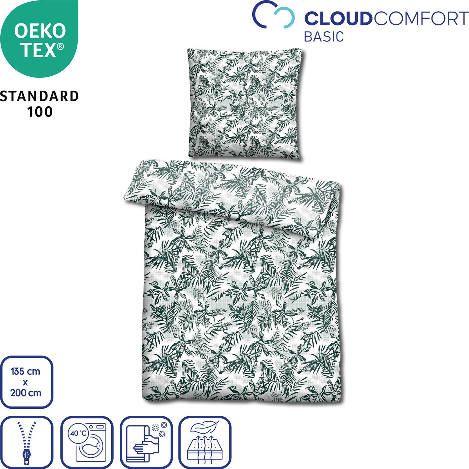 Features as icons – Double pack CloudComfort Basic microfiber bed linen green leaves 135 x 200 + 80 x 80 cm