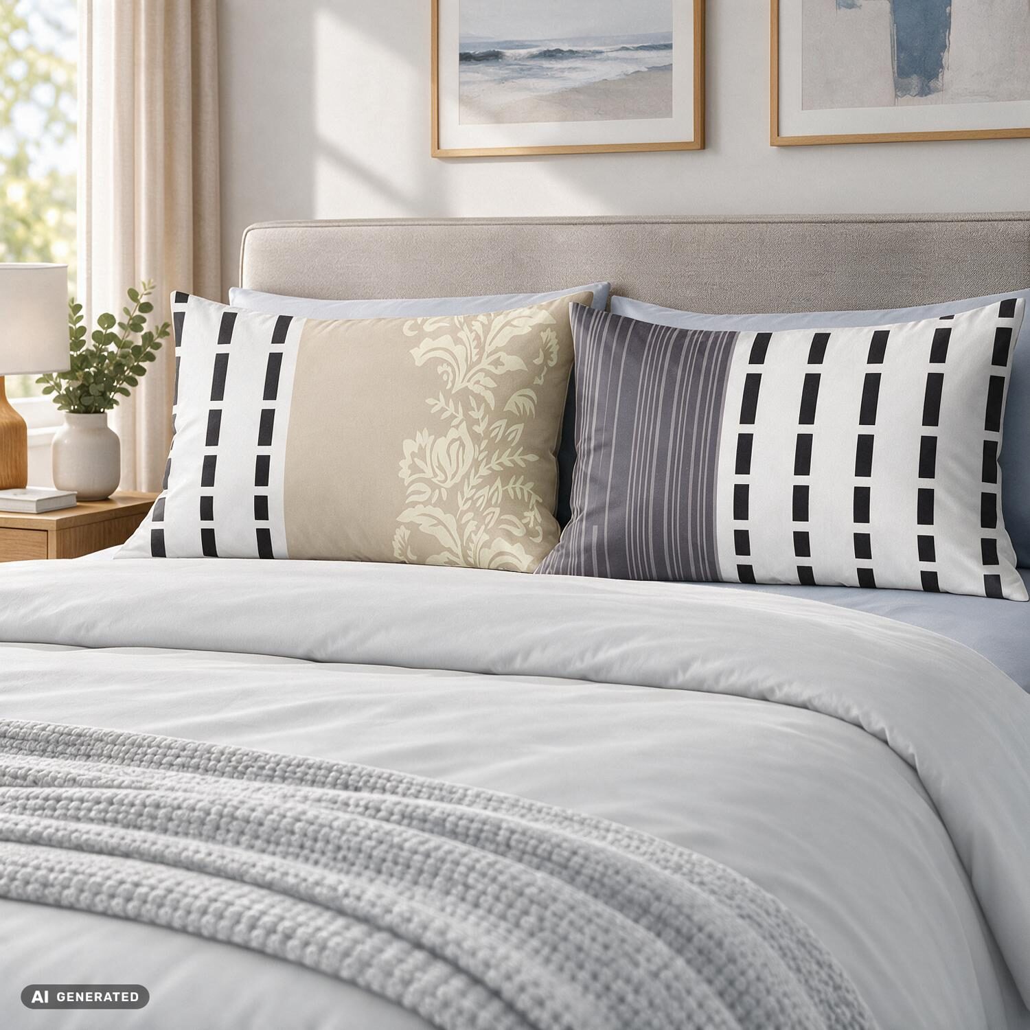 Funda de almohada de algodón CloudComfort Basic, beige/blanca, juego de 2 unidades, 70 x 90 cm
