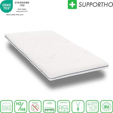 Supportho toppmadrass i premiumkallskum 80 x 200 cm H3, höjd 9 cm, hårdhetsgrad H3 med antibakteriellt överdrag + CloudComfort Basic kudde med gelflingor 40 x 80 cm