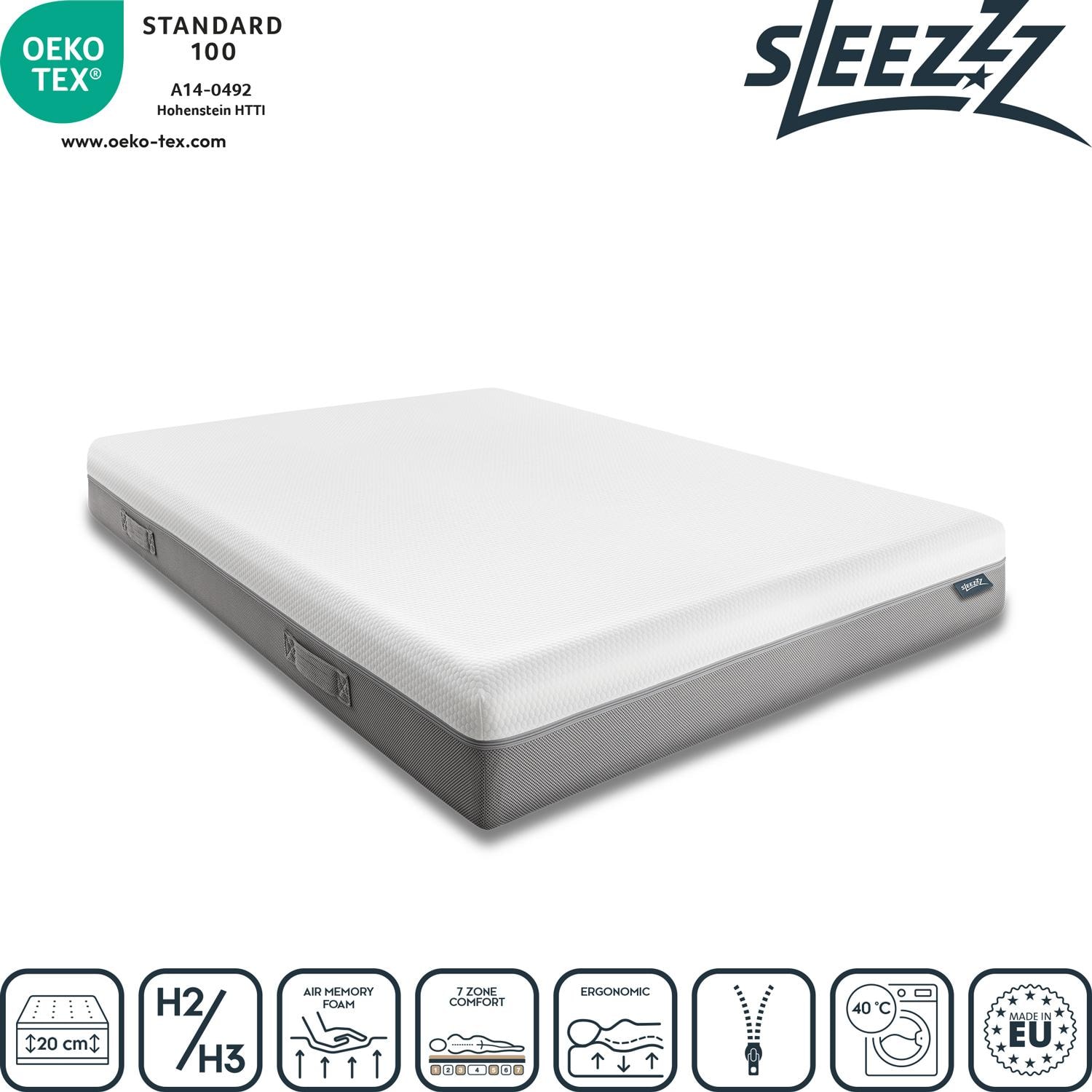 Sleezzz Premium Viscoelastic Mattress, 120 x 200 cm, height 20 cm, firmness level H2/H3, with carrying handles + Sleezzz® Cool Gel Foam Contoured Neck Support Pillow, 40 x 60 x 16 cm
