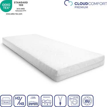 Premium 7-zoners madrass 100x200 cm CloudComfort, höjd 15 cm, fasthetsnivå H2/H3