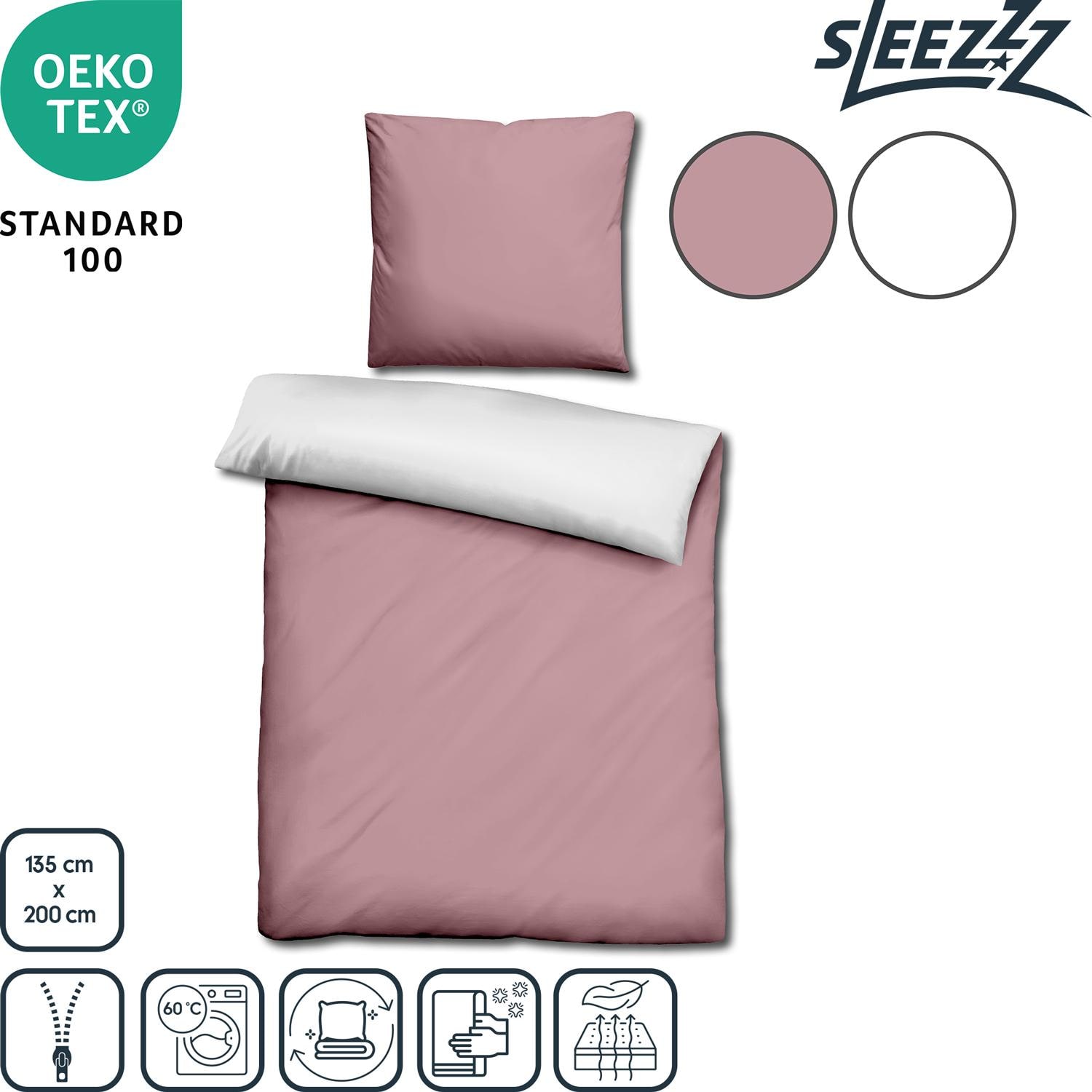 Features as icons – Sleezzz® Renforcé reversible bed linen rosé/white 135 x 200 + 80 x 80 cm
