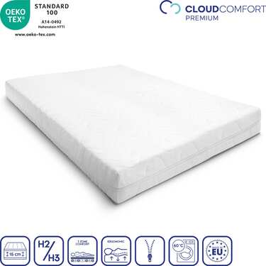 Premium 7-zoners madrass 180x200 cm CloudComfort, höjd 15 cm, fasthetsnivå H2/H3