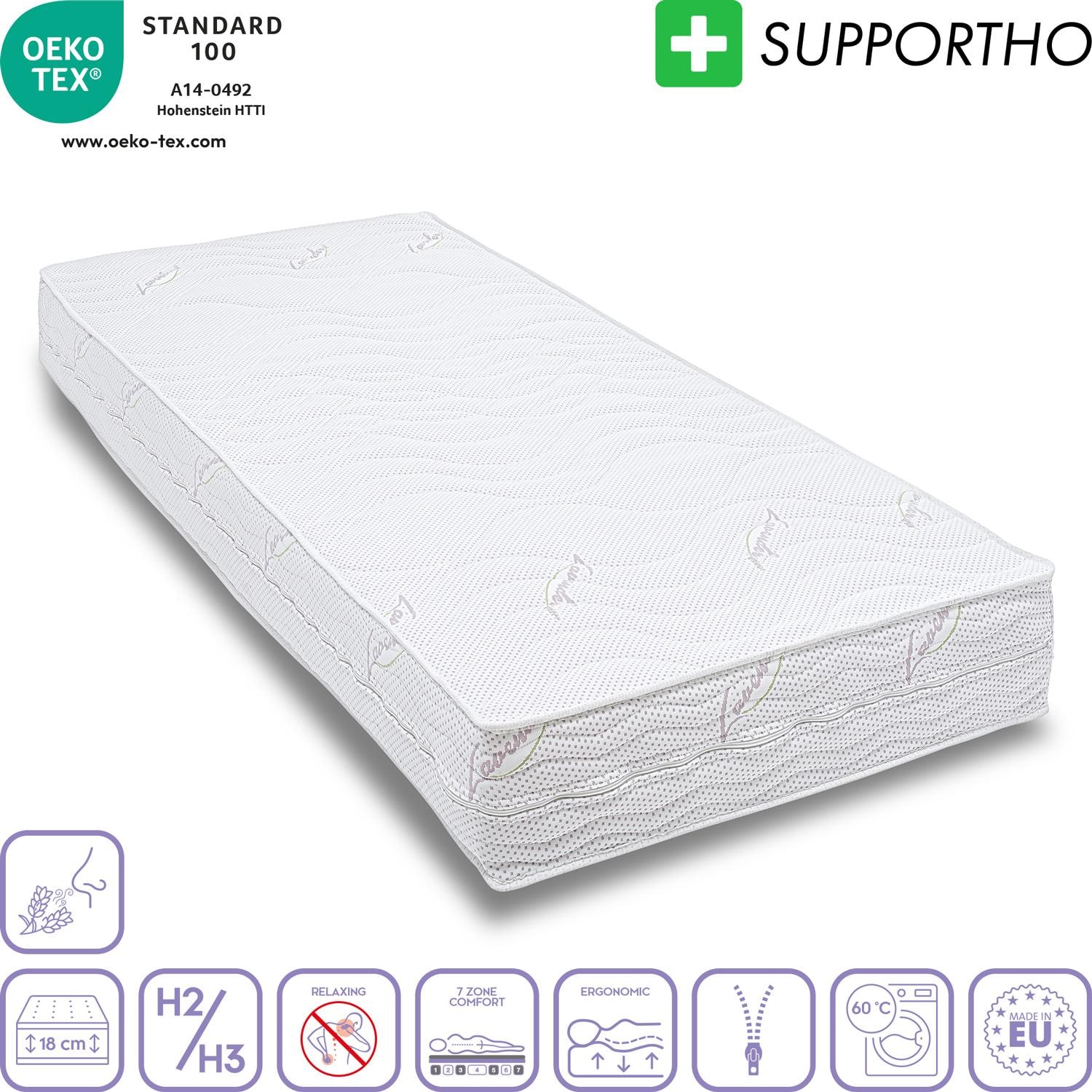 Ergonomic cold foam mattress Supportho Lavender 90 x 200 cm, height 18 cm, firmness level H2/H3
