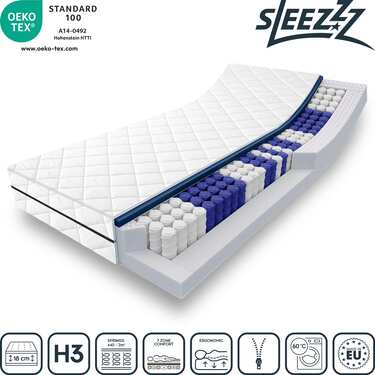 Colchón de muelles ensacados Sleezzz Superior 90 x 200 cm, altura 18 cm, nivel de firmeza H3 + juego de cama de microfibra CloudComfort Basic 135 x 200 cm + 80 x 80 cm