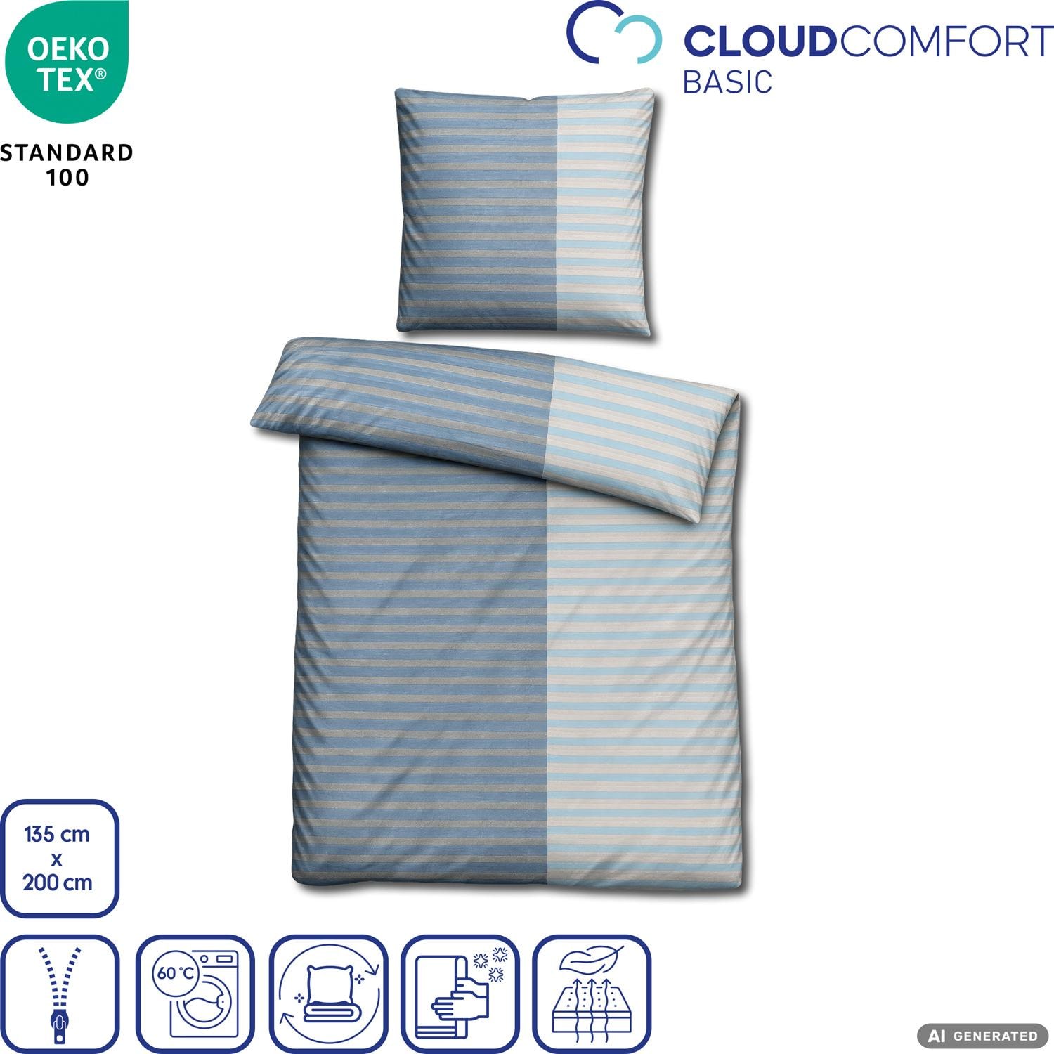 Juego de cama CloudComfort Renforcé, rayas grises y azules, 135 x 200 + 80 x 80 cm