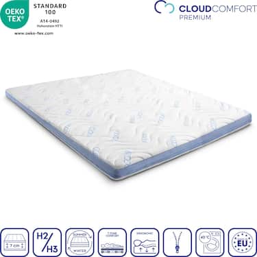 Topper de espuma fría CloudComfort Cool 200 x 200 cm H2/H3, altura 7 cm, nivel de firmeza H2/H3, topper de 7 zonas con cara de verano e invierno