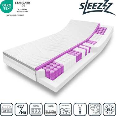 7 bölgeli ergonomik pocket yaylı yatak Sleezzz Diamond T1000 90 x 200 cm, yükseklik 23 cm, sertlik seviyesi H2/H3, 1000 yay/2m² + yatak pedi / mattress topper 90 x 200 cm