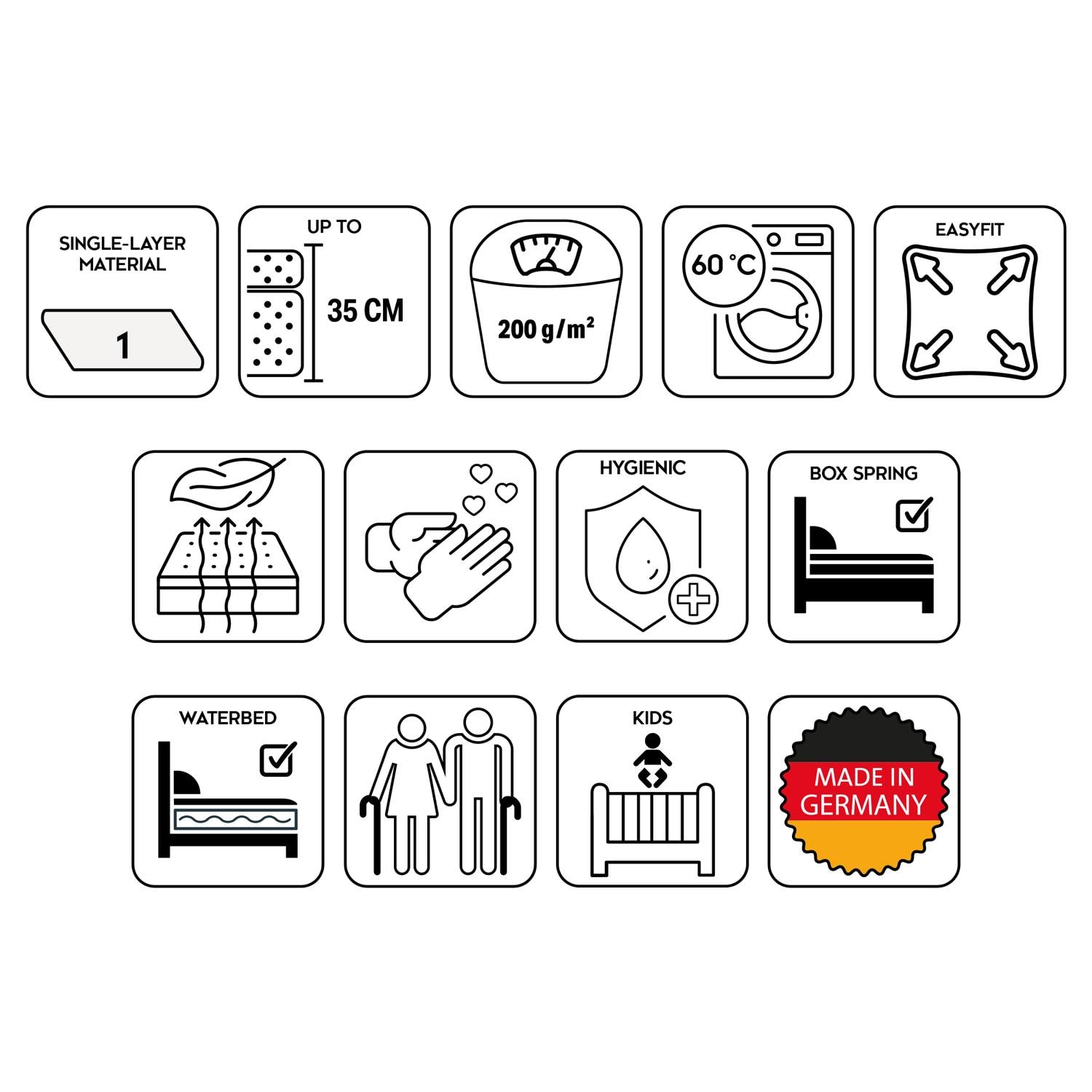 Features as icons – Sleezzz® Basic Stretch Molton Fitted Sheet 80 x 190 - 100 x 210 cm for high mattresses up to 35 cm