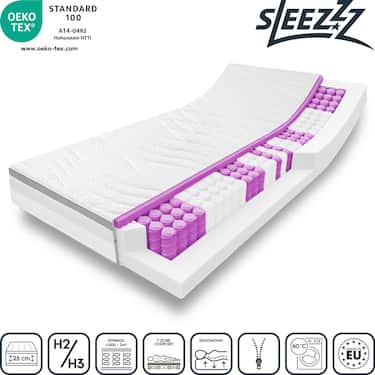 Colchón ergonómico de muelles ensacados de 7 zonas Sleezzz Diamond T1000, 180 x 200 cm, altura 23 cm, grado de firmeza H2/H3, 1000 muelles/2 m² + 2 juegos de cama de microfibra CloudComfort Basic de 135 x 200 cm + 80 x 80 cm