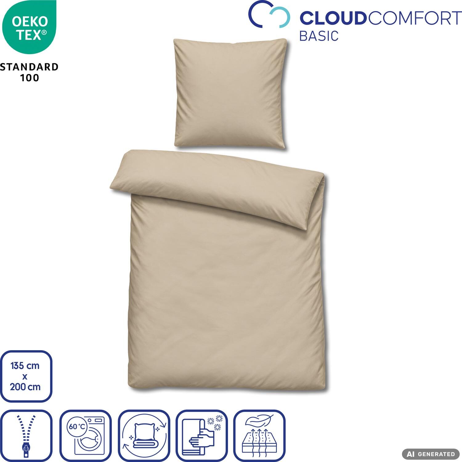 Juego de cama Cloud Comfort de satén Mako, color topo, 135 x 200 cm + 80 x 80 cm