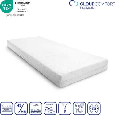 Premium 7-zonsmadrass 80x200 cm CloudComfort, höjd 15 cm, fasthetsnivå H2/H3