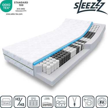 Colchón con núcleo de muelles ensacados de 7 zonas Sleezzz Smart 90 x 200 cm, altura 21 cm, nivel de firmeza H2/H3 + juego de cama de microfibra CloudComfort Basic 135 x 200 cm + 80 x 80 cm