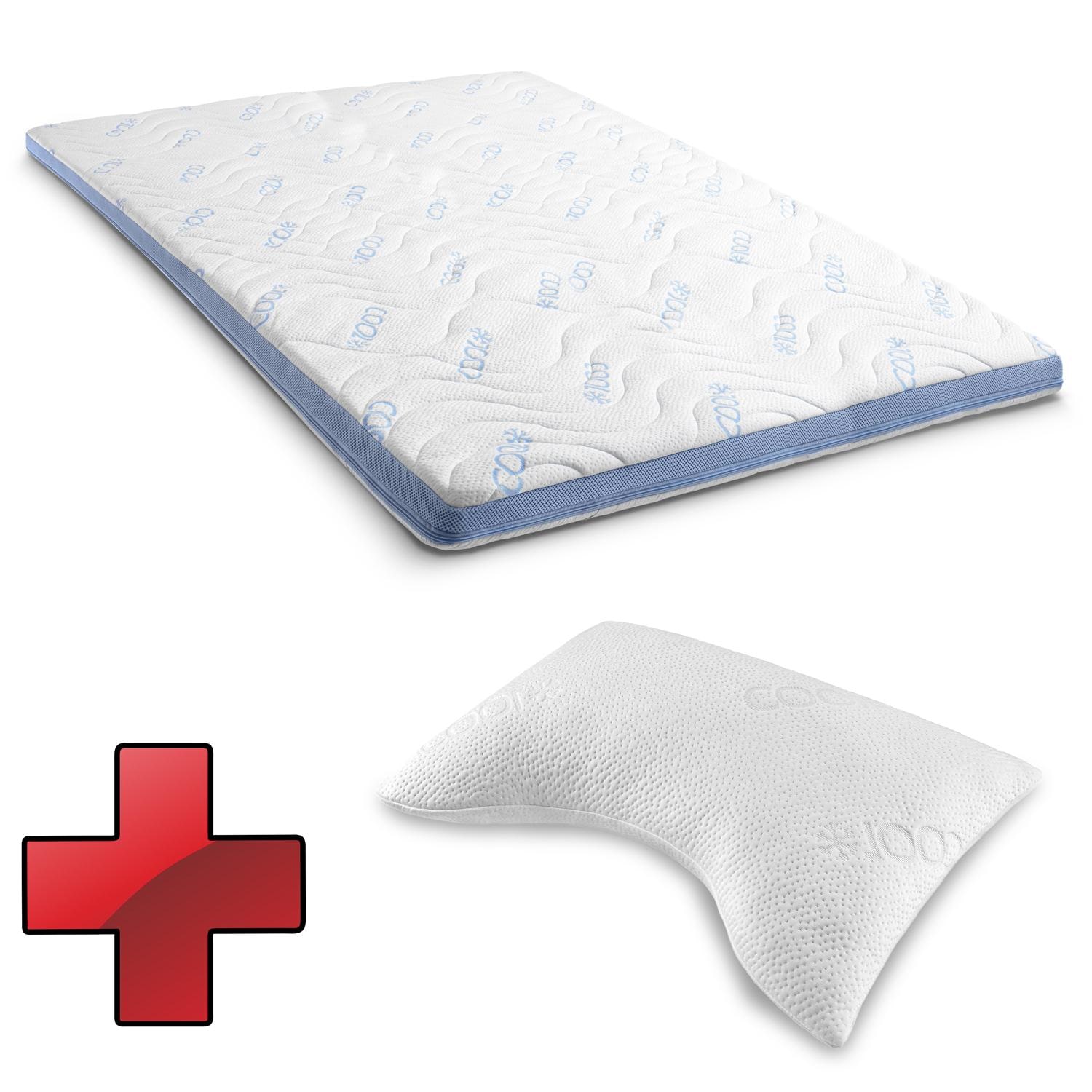 CloudComfort Cool Topper 160 x 200 cm H2/H3 + Almohada de apoyo cervical Sleezzz® Cool de espuma de gel con contorno
