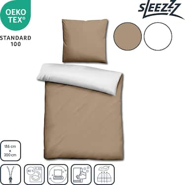 Double pack Sleezzz® Renforcé reversible bed linen mocha/white 135 x 200 + 80 x 80 cm