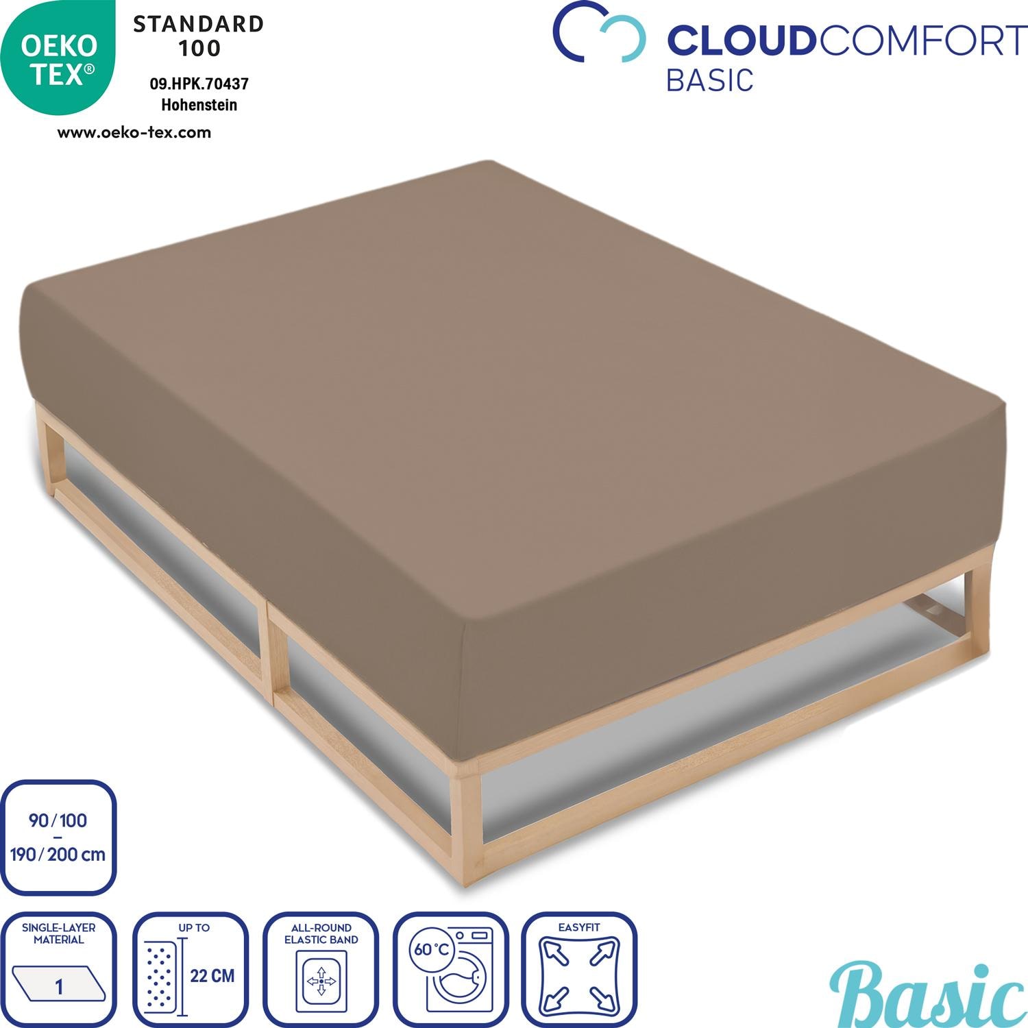 CloudComfort Basic Jersey-Stretch Fitted Sheet, Taupe, 90 x 190 - 100 x 200 cm