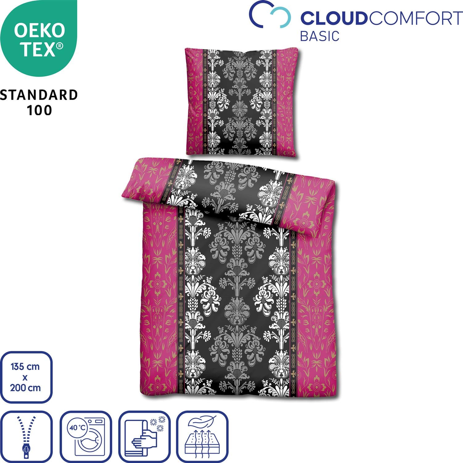 Features as icons – Double pack of CloudComfort Basic microfiber bed linen black/pink 135 x 200 + 80 x 80 cm