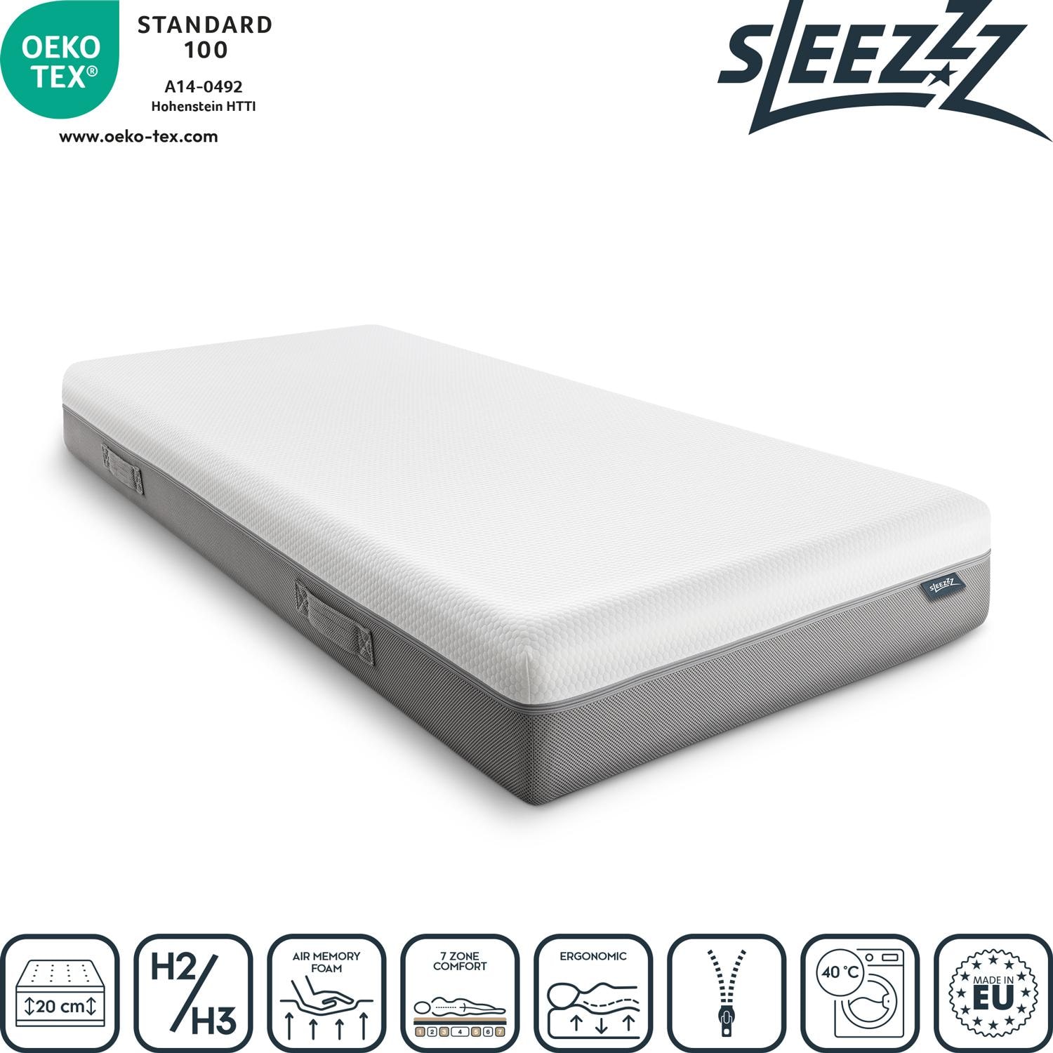 Colchón viscoelástico Sleezzz Premium 80 x 200 cm, altura 20 cm, nivel de firmeza H2/H3, con asas reversibles