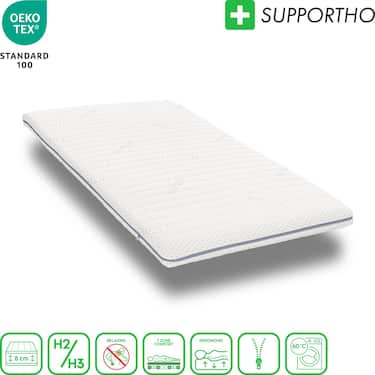 Cubierta de espuma fría Supportho Premium Topper 80 x 200 cm H3, altura 8 cm, grado de firmeza H3 con funda antibacteriana