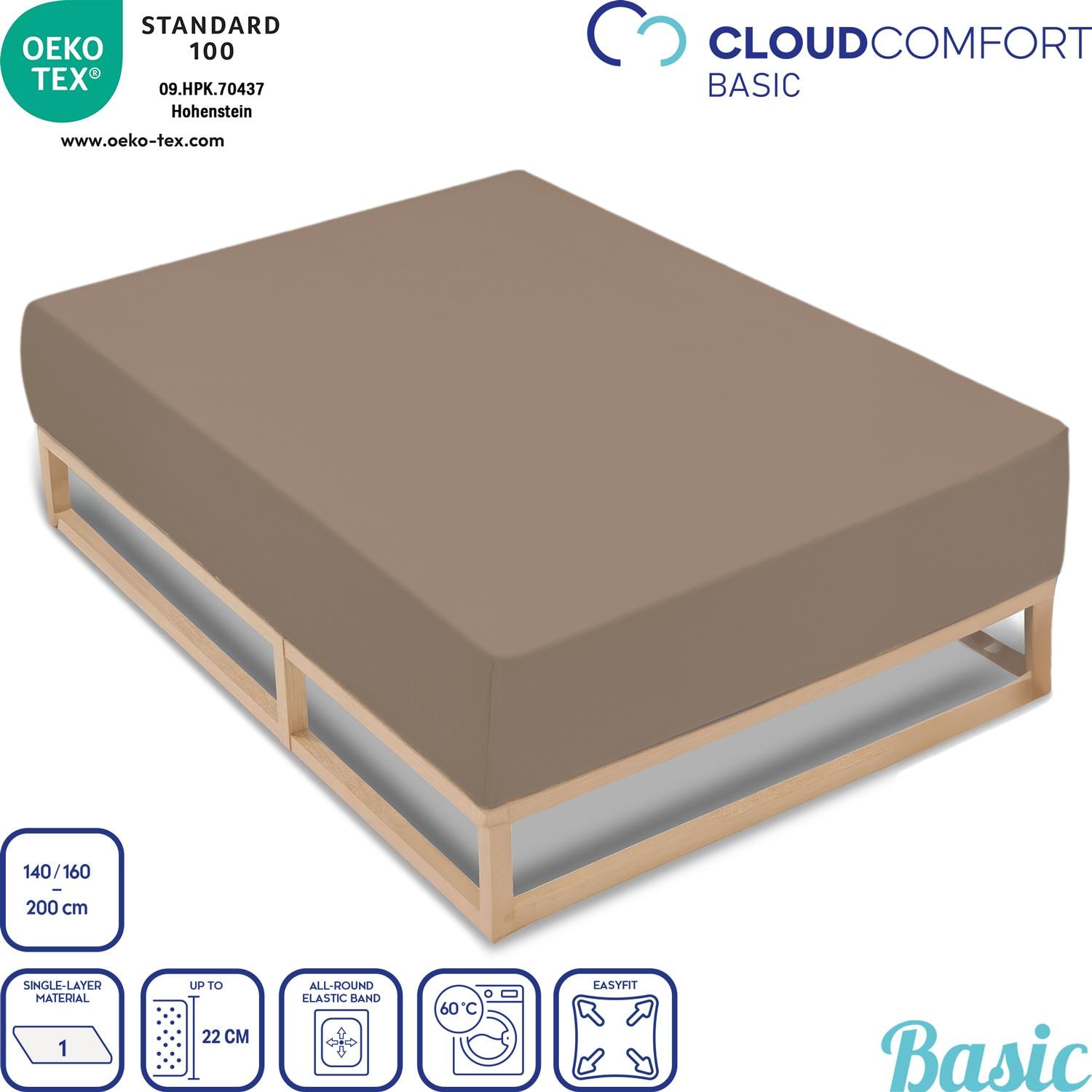 Lote de dos sábanas bajeras CloudComfort Basic de jersey elástico, color taupe, 140 x 190 - 160 x 200 cm (2 unidades)