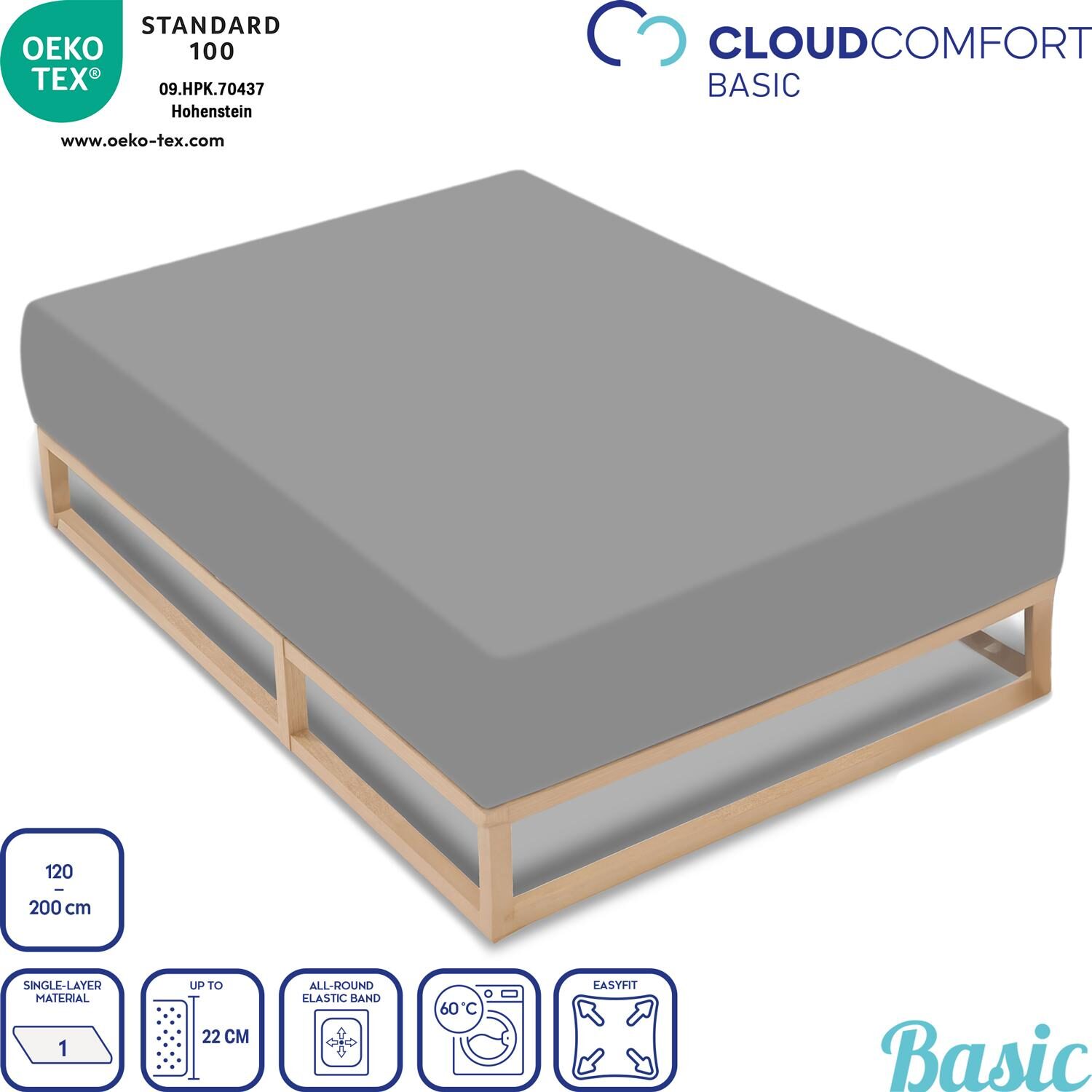 CloudComfort Basic fitted sheet jersey stretch silver gray 120 x 200 cm