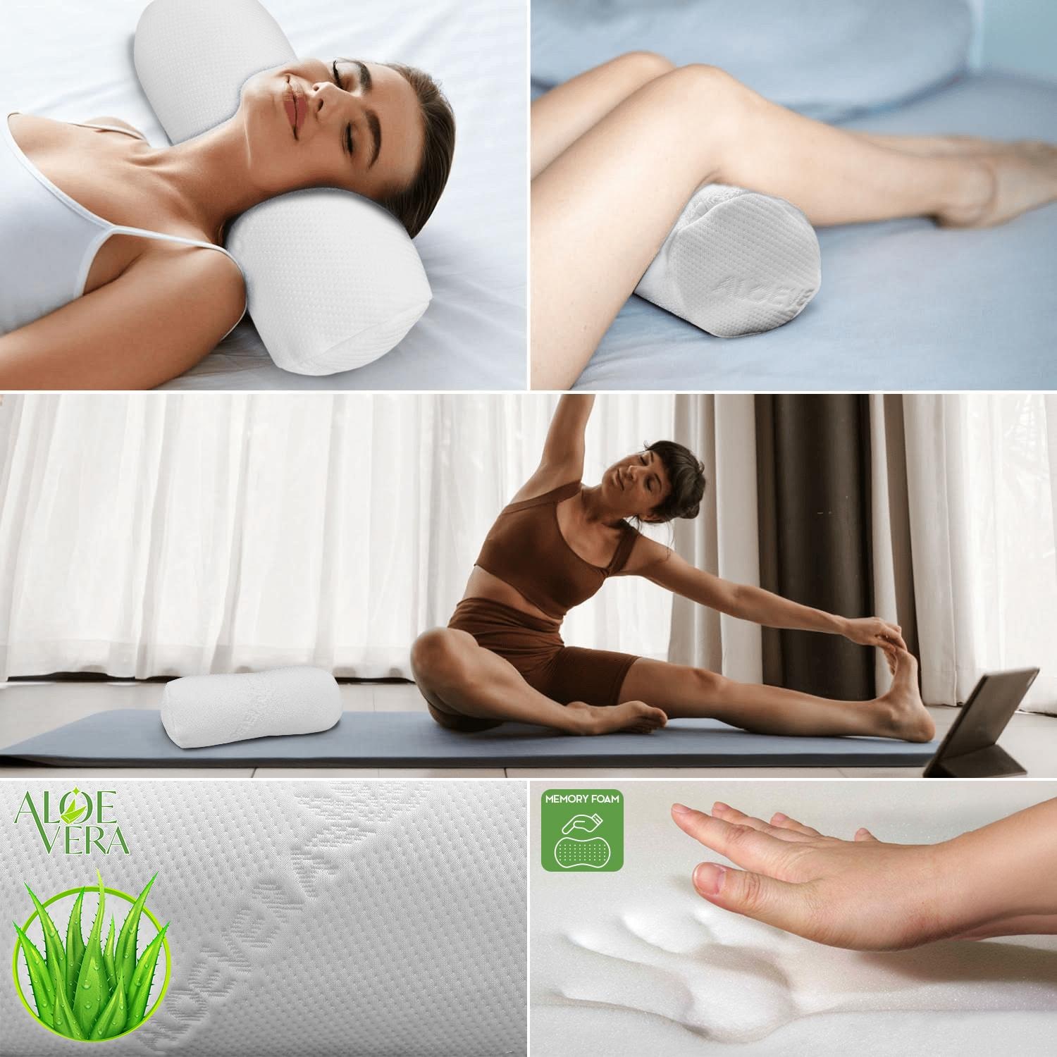 Knee and neck roll Visco Aloe Vera with memory foam 40 x 15 cm