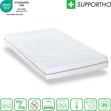 Colchón ergonómico 140x200 cm Supportho Premium de 7 zonas, altura 18 cm, nivel de firmeza H2/H3 + juego de cama CloudComfort Basic de microfibra 135 x 200 cm + 80 x 80 cm