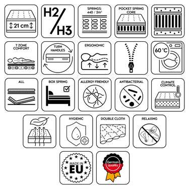 7-зонний пружинний матрац Sleezzz Smart 90 x 200 см, висота 21 см, рівень жорсткості H2/H3 + наматрацник / наматрацник 90 x 200 см