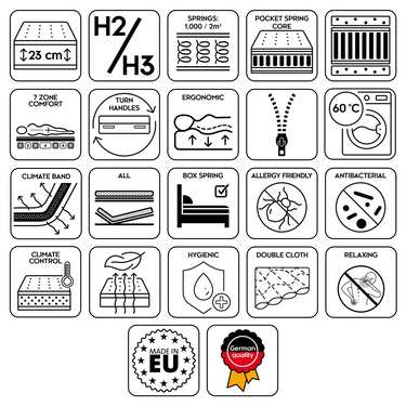 7 bölgeli ergonomik pocket yaylı yatak Sleezzz Diamond T1000 90 x 200 cm, yükseklik 23 cm, sertlik seviyesi H2/H3, 1000 yay/2m² + yatak pedi / mattress topper 90 x 200 cm