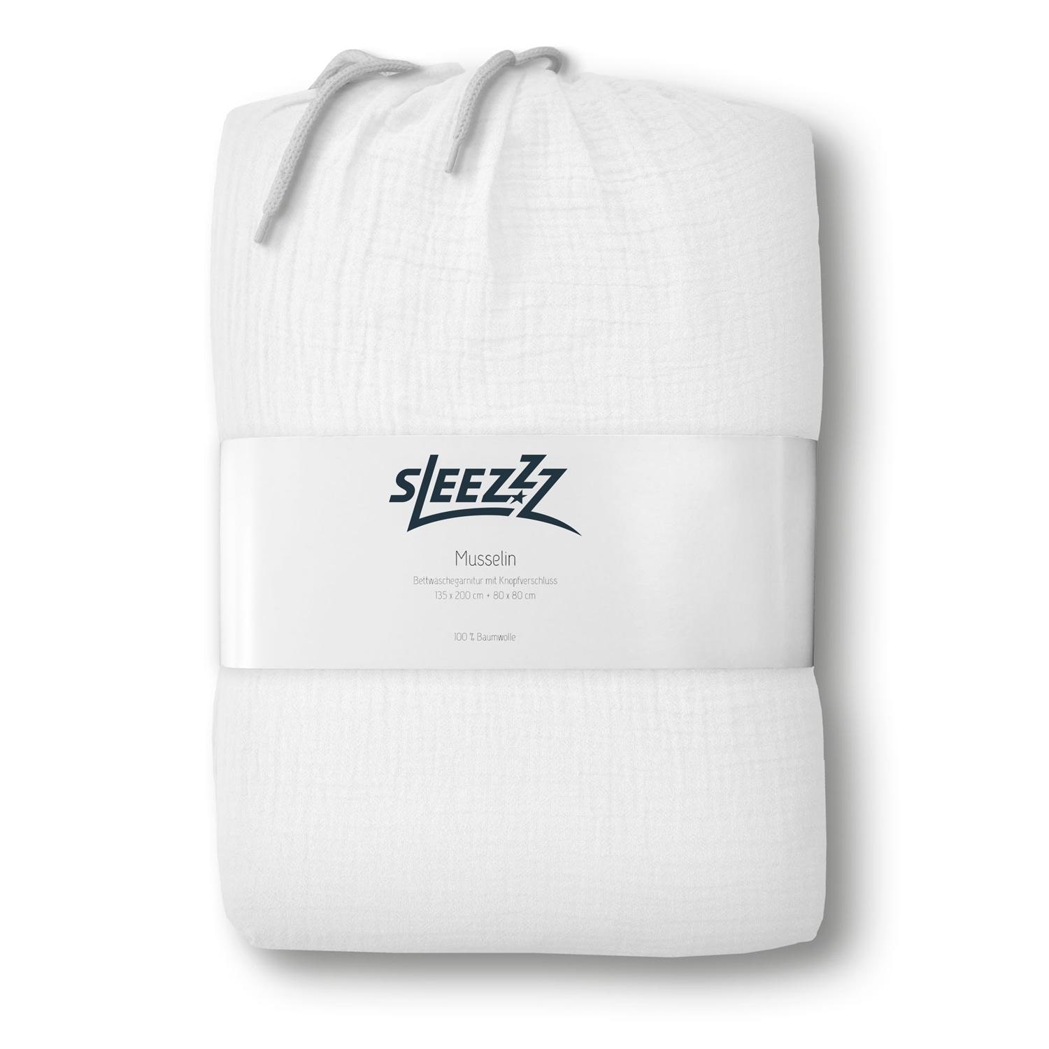 Delivery format – Sleezzz® muslin bed linen white 155 x 220 cm + 80 x 80 cm