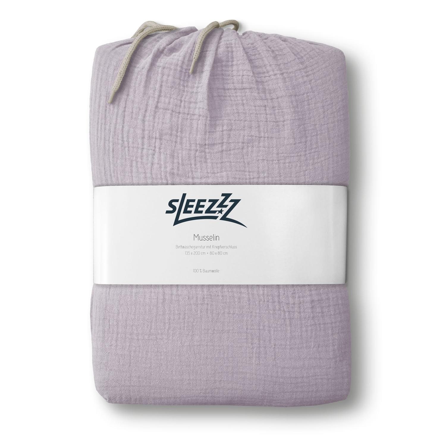 Delivery format – Sleezzz® muslin bed linen purple 135 x 200 cm + 80 x 80 cm