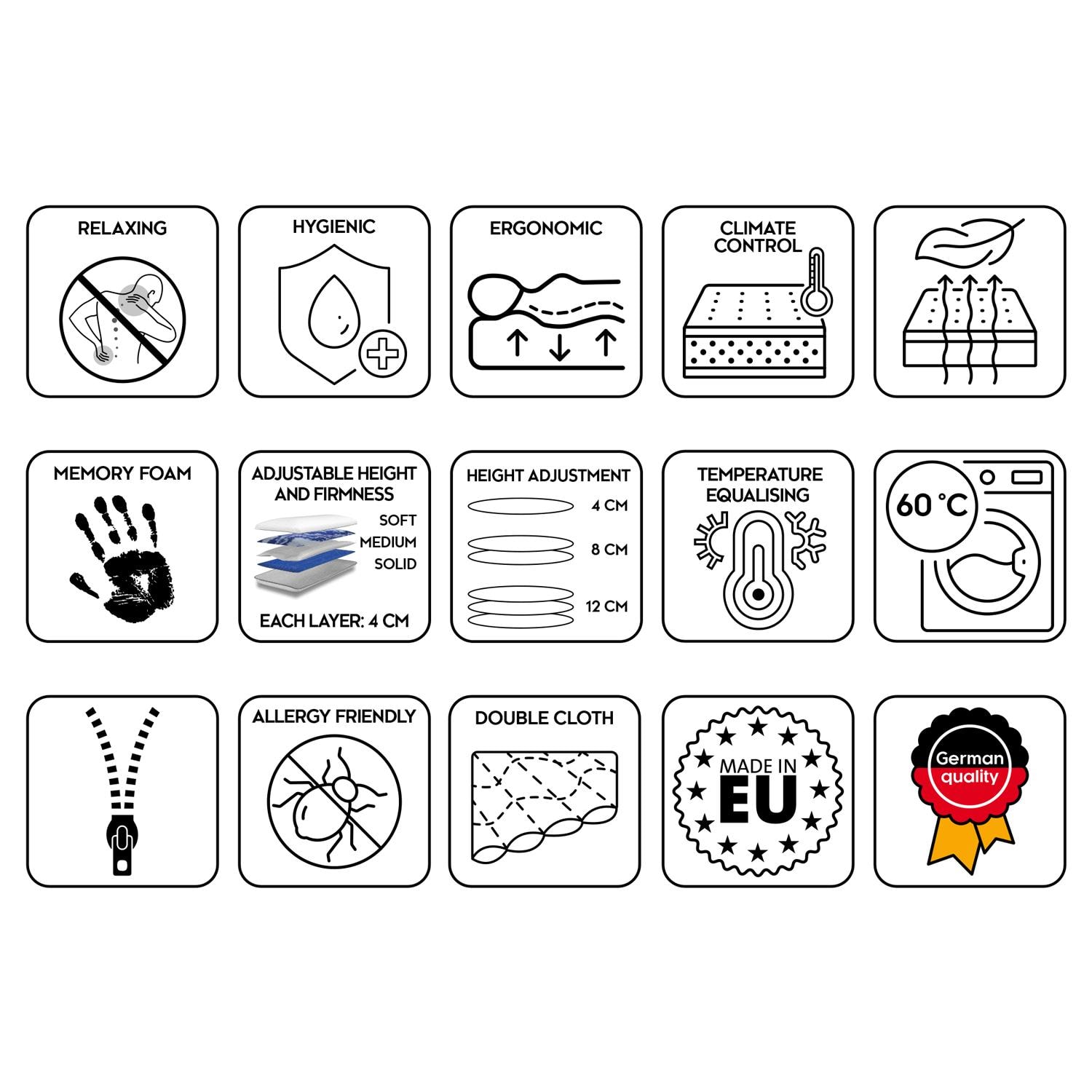 Características en iconos – Cojín ajustable en altura Sleezzz® Smart