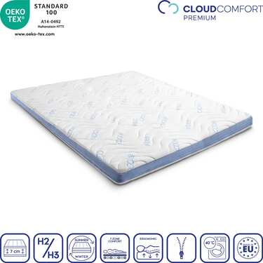 Kallskumstoppmadrass CloudComfort Cool 160 x 200 cm H2/H3, höjd 7 cm, fasthetsnivå H2/H3, 7-zons toppmadrass med sommar- och vintersida + Sleezzz® Cool kudde med kyleffekt