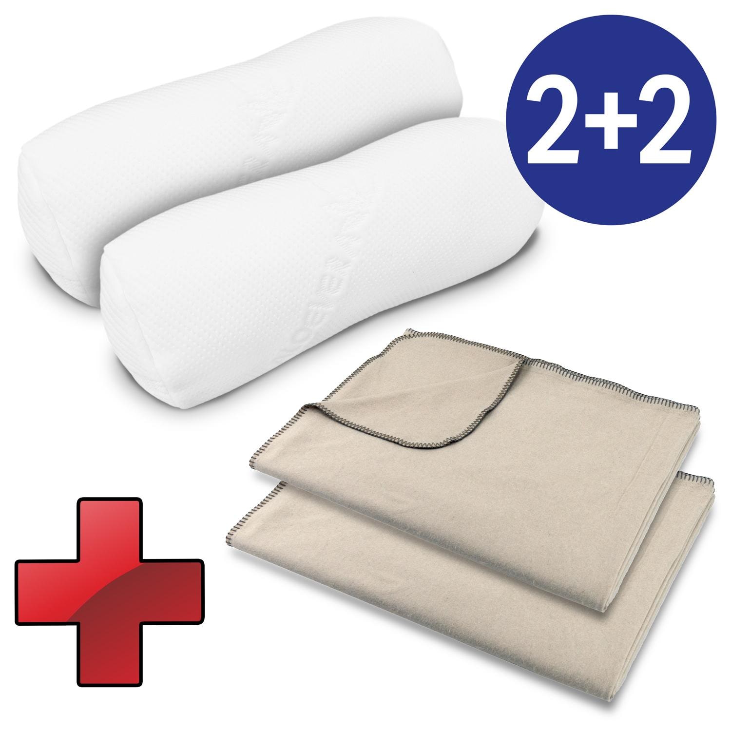 Rejsesæt: 2 x visco-knæ- og nakkerulle 40 x 15 cm + 2 x Sleezzz® Smart hygge-tæppe 150 x 200 cm