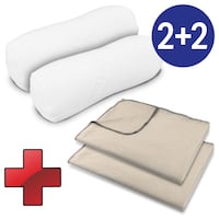Rejsesæt bestående af: 2 x visco-knæ- og nakkerulle 40 x 15 cm + 2 x Sleezzz® Smart hygge-tæppe 150 x 200 cm