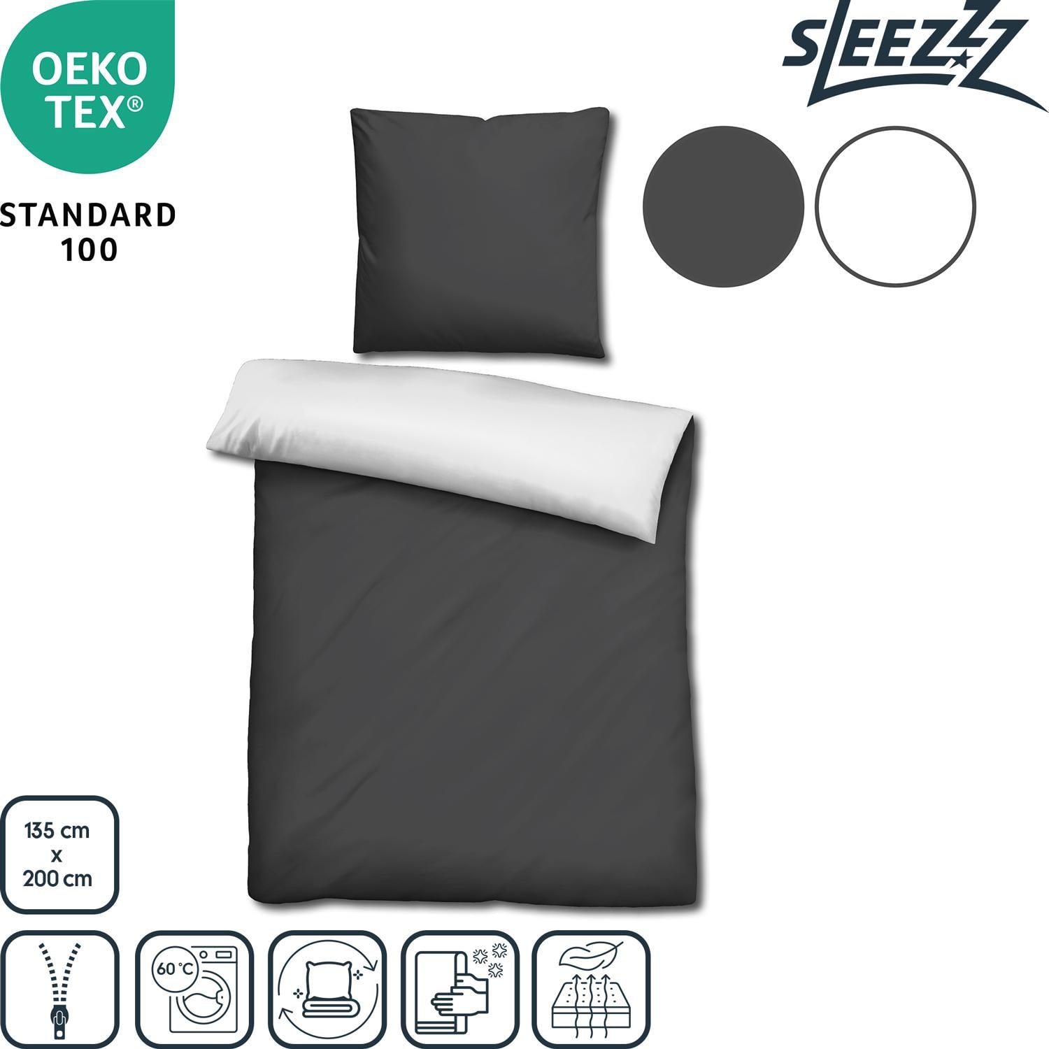 Features as icons – Double pack Sleezzz® Renforcé reversible bed linen dark gray/white 135 x 200 + 80 x 80 cm