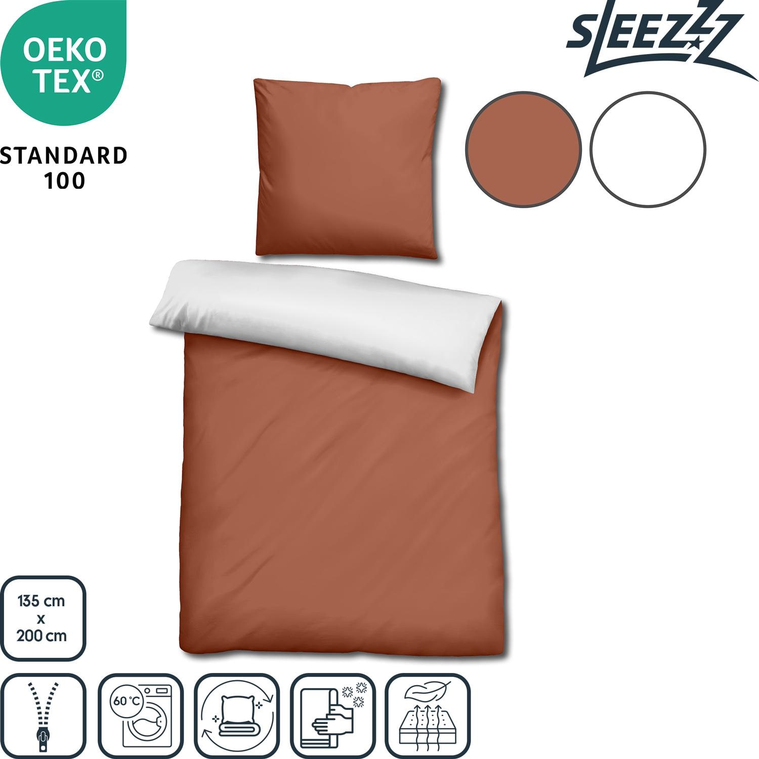Features as icons – Sleezzz® Renforcé reversible bed linen brown/white 135 x 200 + 80 x 80 cm