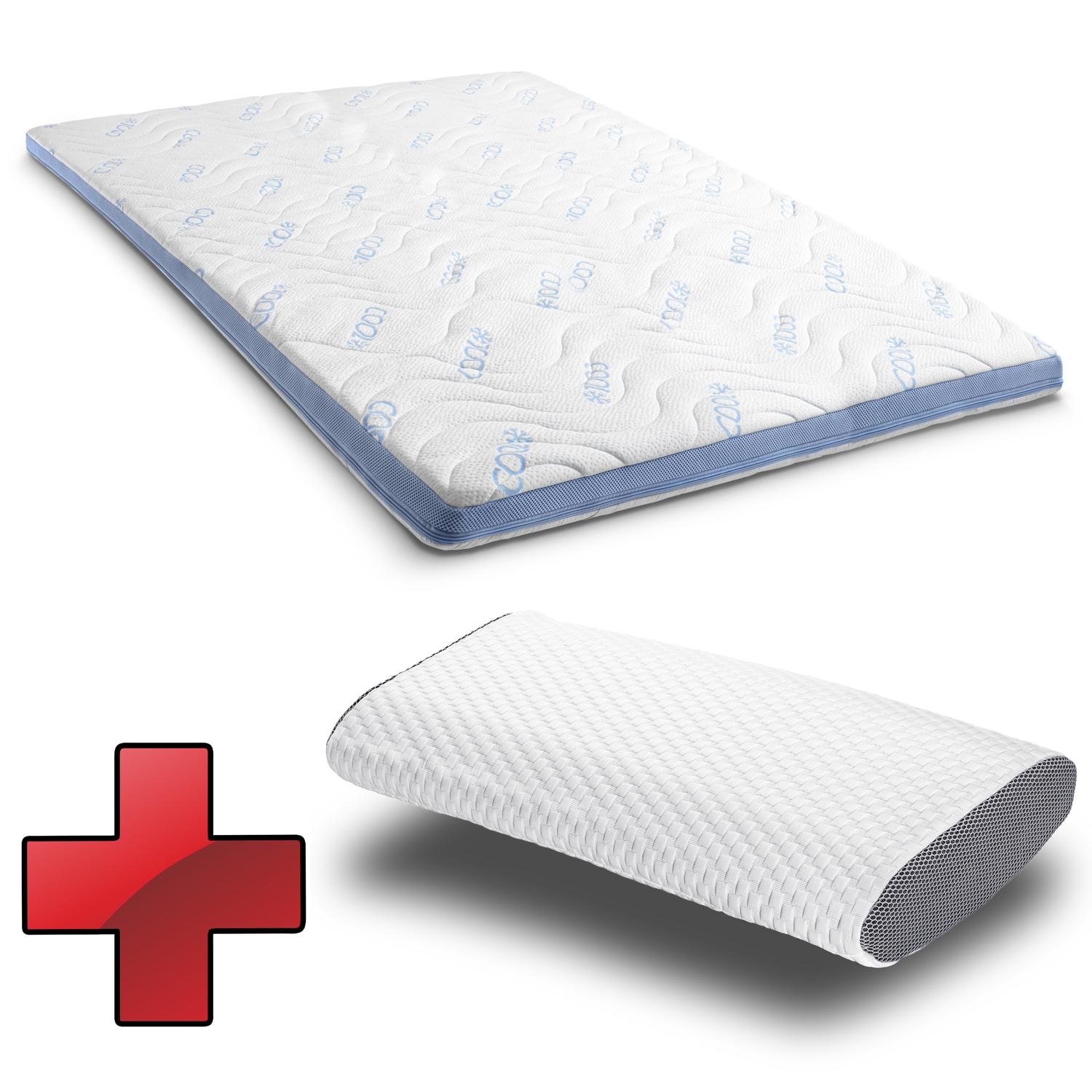 Topper de espuma fría CloudComfort Cool 160 x 200 cm H2/H3, altura 7 cm, grado de firmeza H2/H3, topper de 7 zonas con cara de verano y de invierno + almohada de contorno con espuma de gel Sleezzz® Cool para el cuello, 40 x 60 x 16 cm