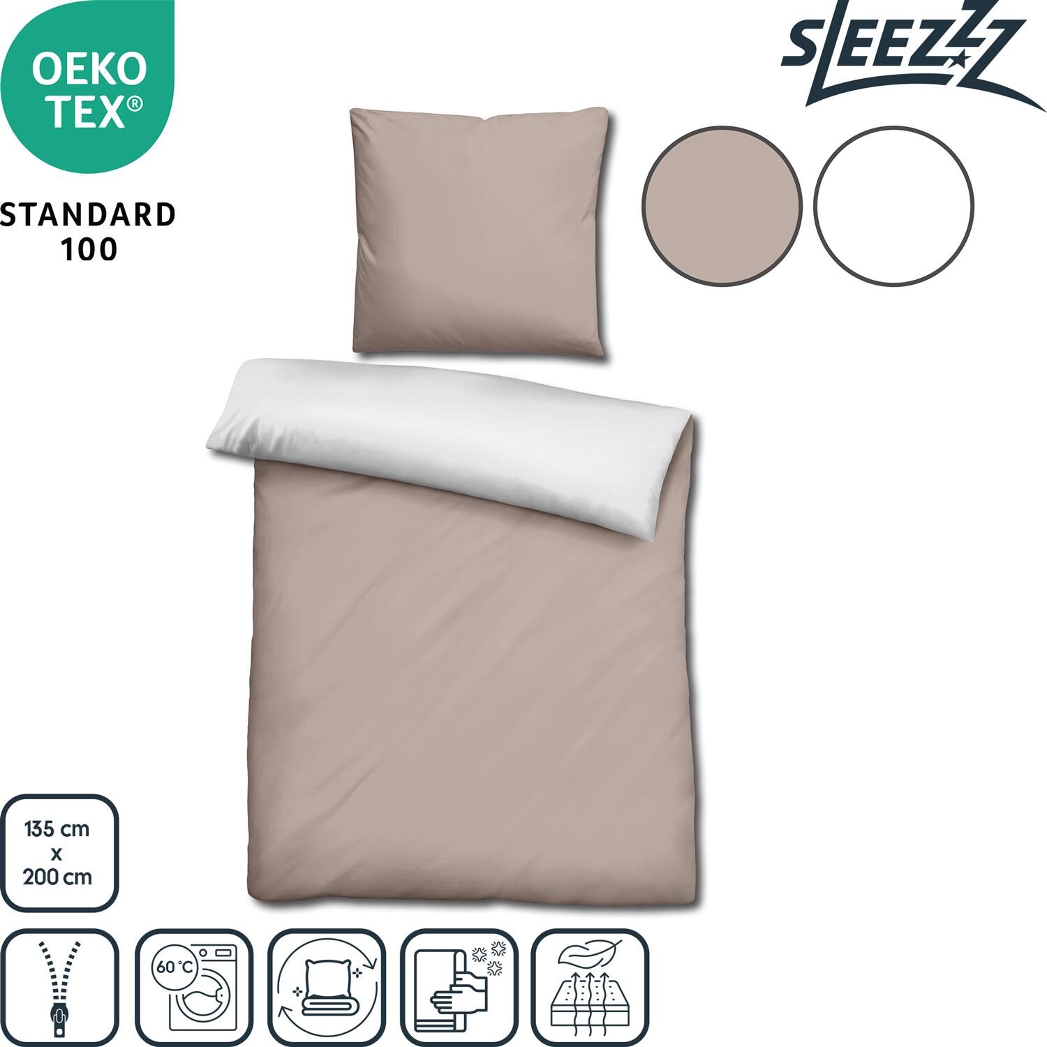 Vlastnosti v symboloch – Sleezzz® Renforcé obojstranná posteľná bielizeň béžová/biela 135 x 200 + 80 x 80 cm