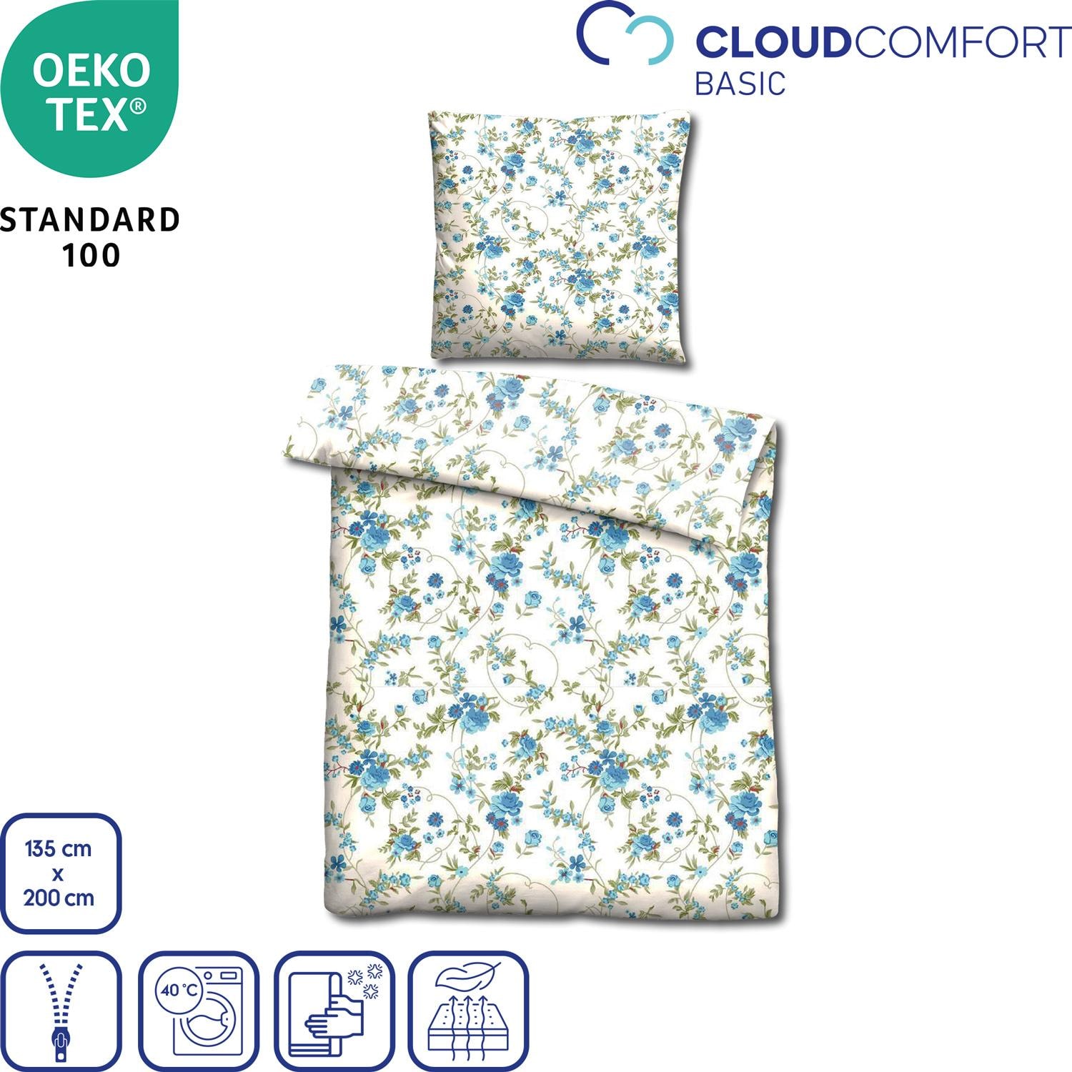 Features as icons – Double pack CloudComfort Basic microfiber bed linen blue flowers 135 x 200 + 80 x 80 cm