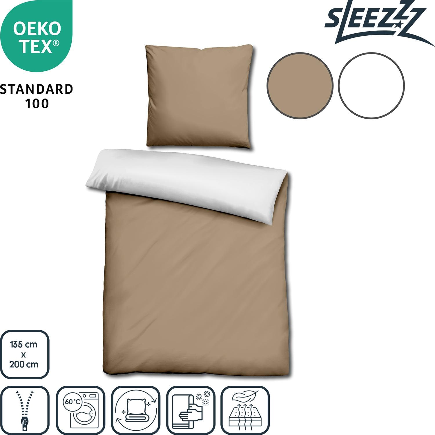 Features as icons – Sleezzz® Renforcé reversible bed linen mocha/white 135 x 200 + 80 x 80 cm