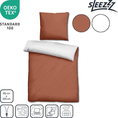 Double pack Sleezzz® Renforcé reversible bed linen brown/white 135 x 200 + 80 x 80 cm