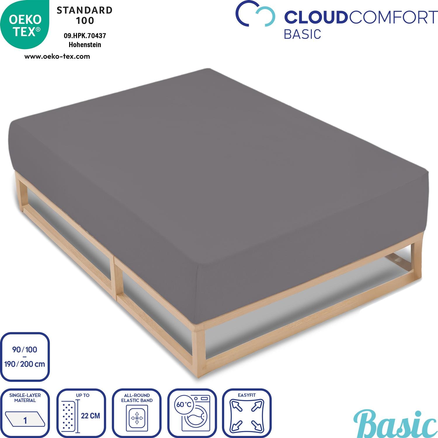 CloudComfort Basic fitted sheet jersey stretch dark gray 90 x 190 - 100 x 200 cm