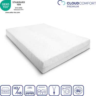 Premium 7-zoners madrass 140x200 cm CloudComfort, höjd 15 cm, fasthetsnivå H2/H3