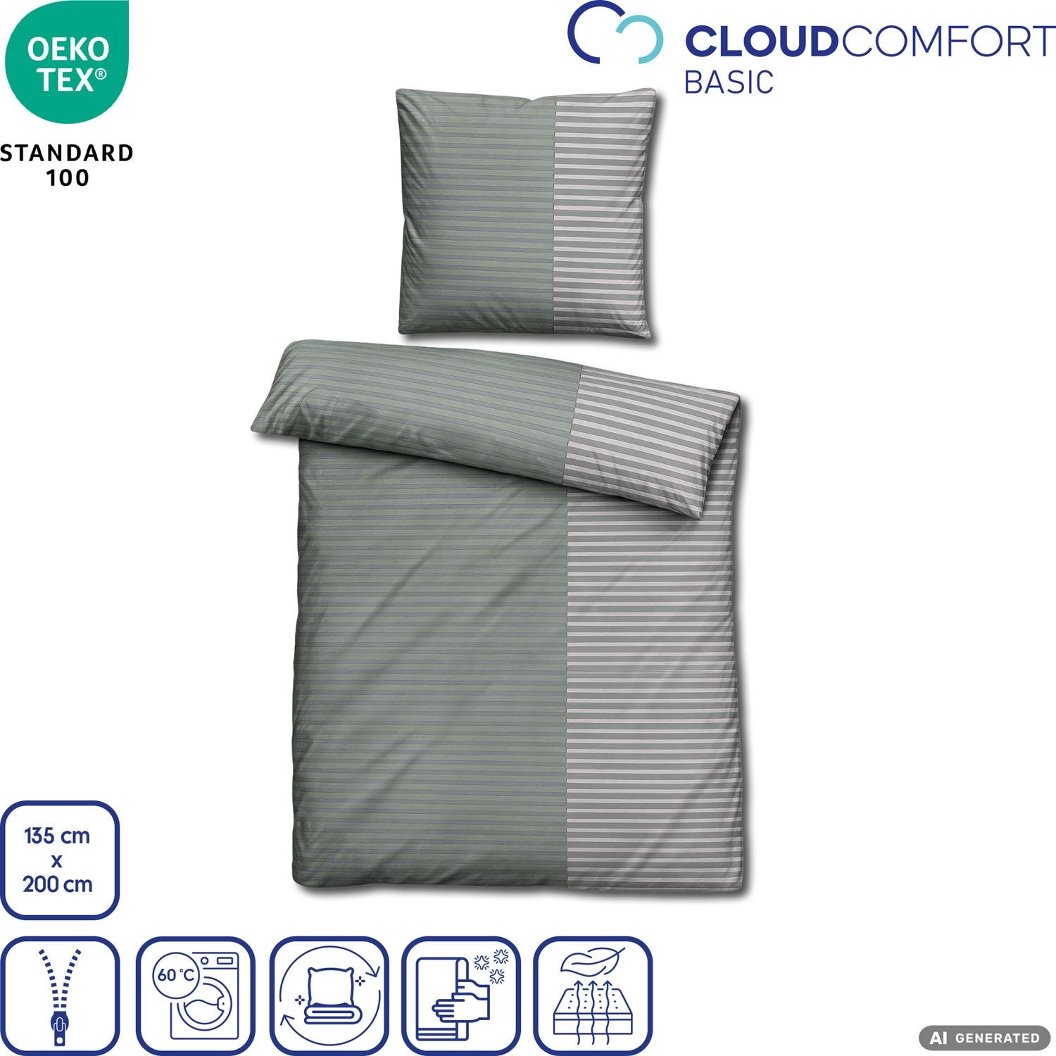 Juego de cama CloudComfort Renforcé, rayas grises y verdes, 135 x 200 + 80 x 80 cm