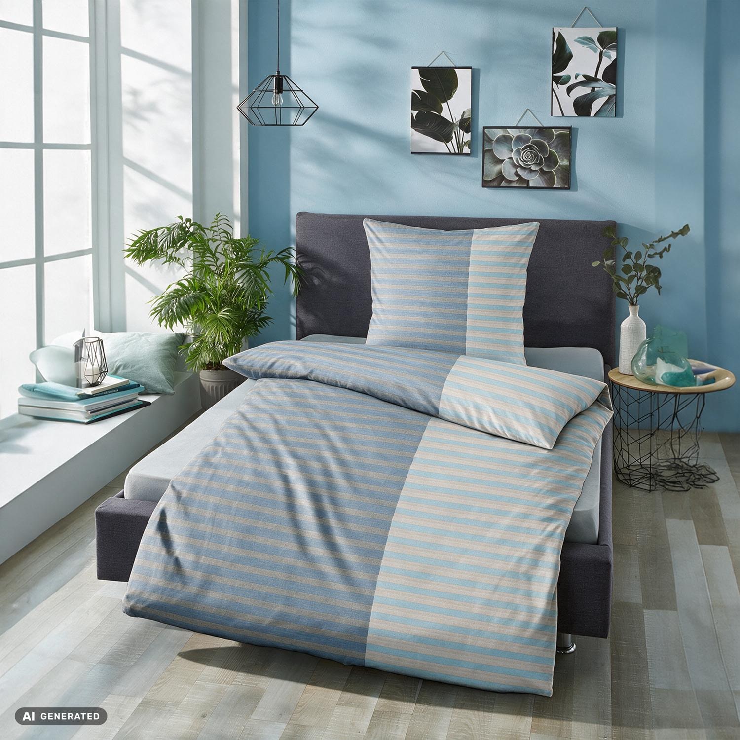 Juego de cama CloudComfort Renforcé, rayas grises y azules, 135 x 200 + 80 x 80 cm